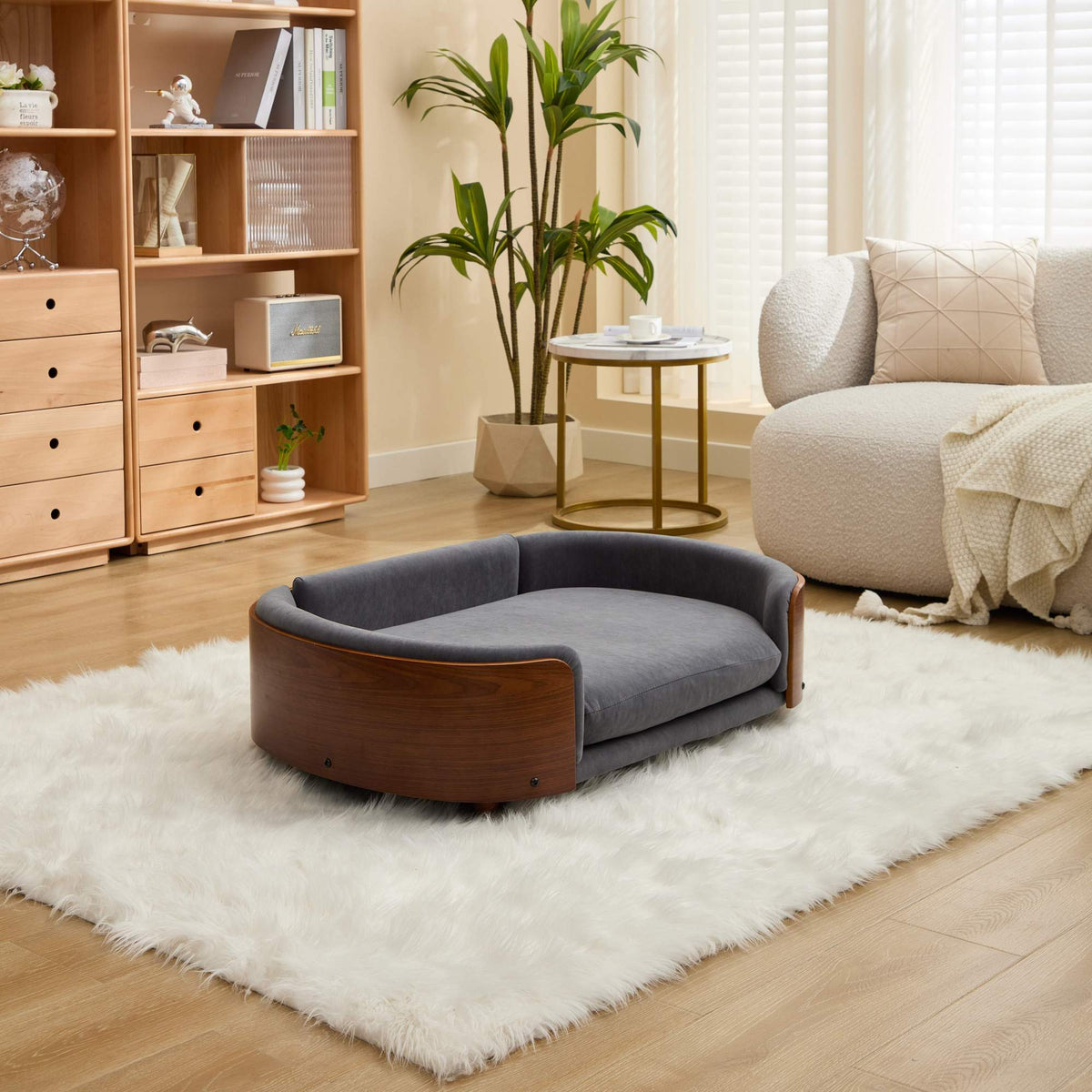Scandinavian Elevated Dog Bed with Solid Wood Legs, Bent Wood Back & Velvet Cushion