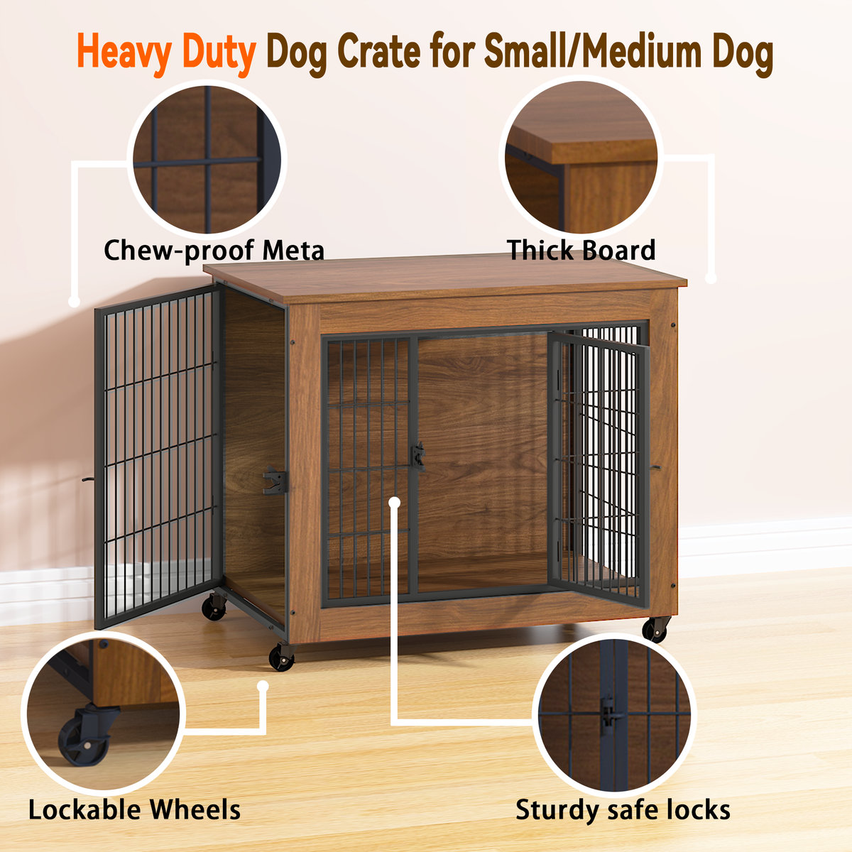 Dog Crate Furniture with Wheels, 2 Doors & Wooden End Table