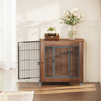 Dog Crate Furniture with Wheels, 2 Doors & Wooden End Table