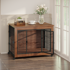 Dog Crate Furniture with Wheels, 2 Doors & Wooden End Table