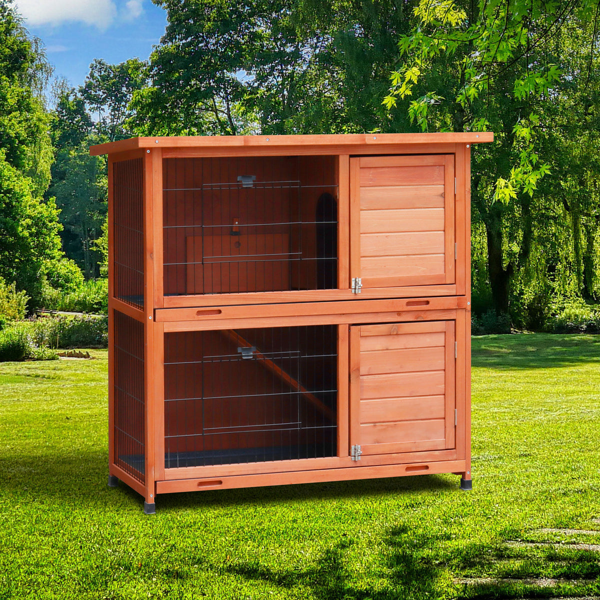2-Story Rabbit Hutch with Run, 2 Removable No-Leak Trays & Non-Slip Ramp