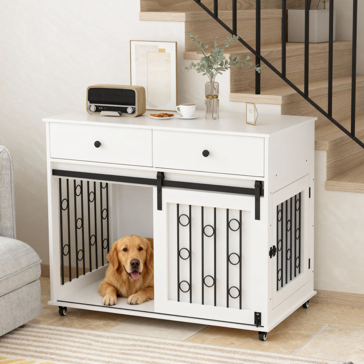 Modern Wooden Dog Crate Furniture with Sliding Barn Door, Side Door & Lockable Wheels