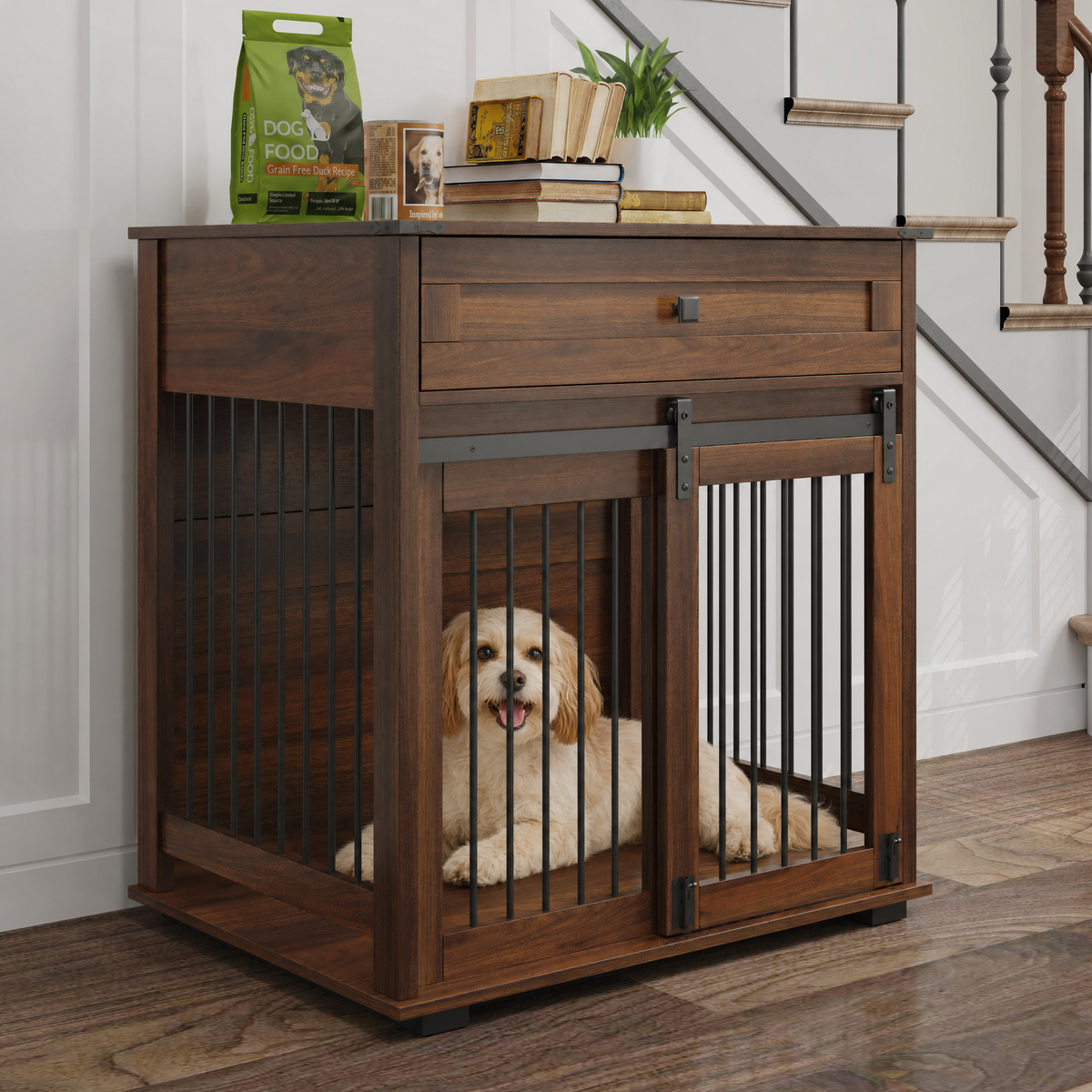 Wooden Dog Crate Furniture with Sliding Door & Storage
