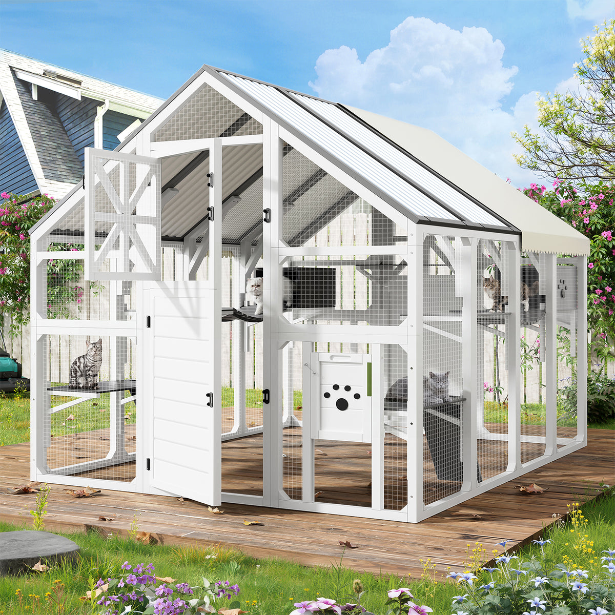 Large Outdoor Cat House with Planter Stand, Platforms & Waterproof Cover