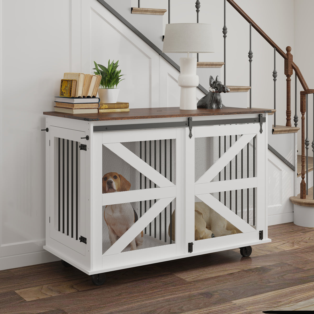 Wooden Dog Crate Furniture with Sliding Door & Storage