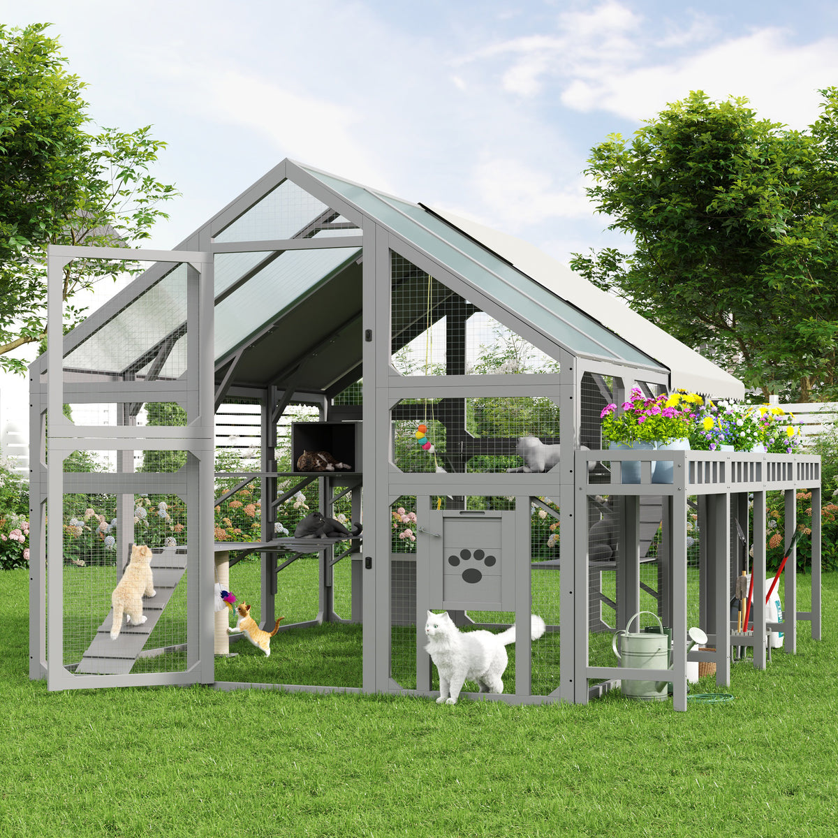 Large Outdoor Cat House with Planter Stand, Platforms & Waterproof Cover