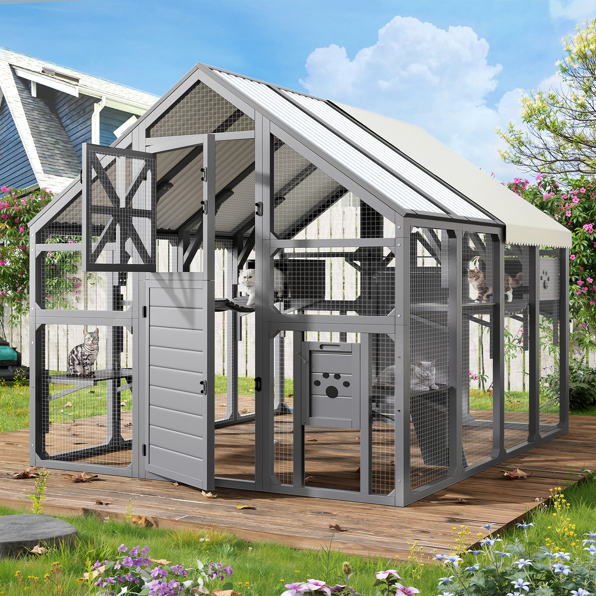 Large Outdoor Cat House with Planter Stand, Platforms & Waterproof Cover