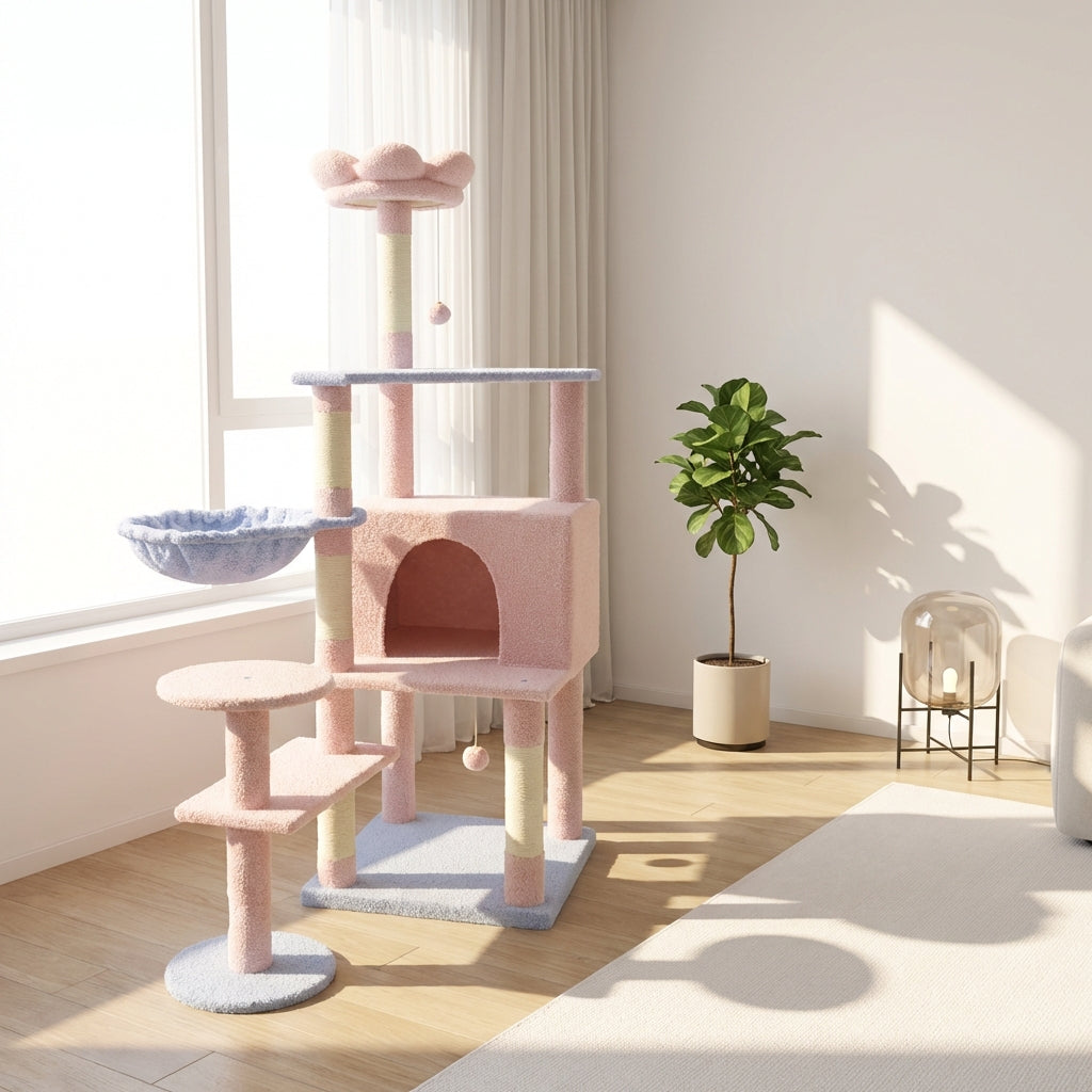 Flower Cat Tree with Large Condo, Removable Flower Cushion & Hammock