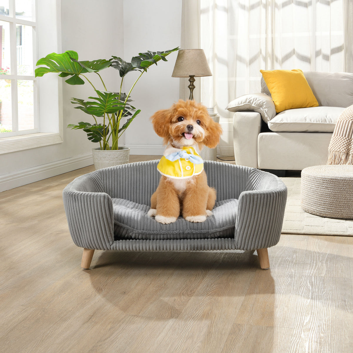 Elevated Dog Bed with Wood Legs, Fabric Couch & Supportive Foam