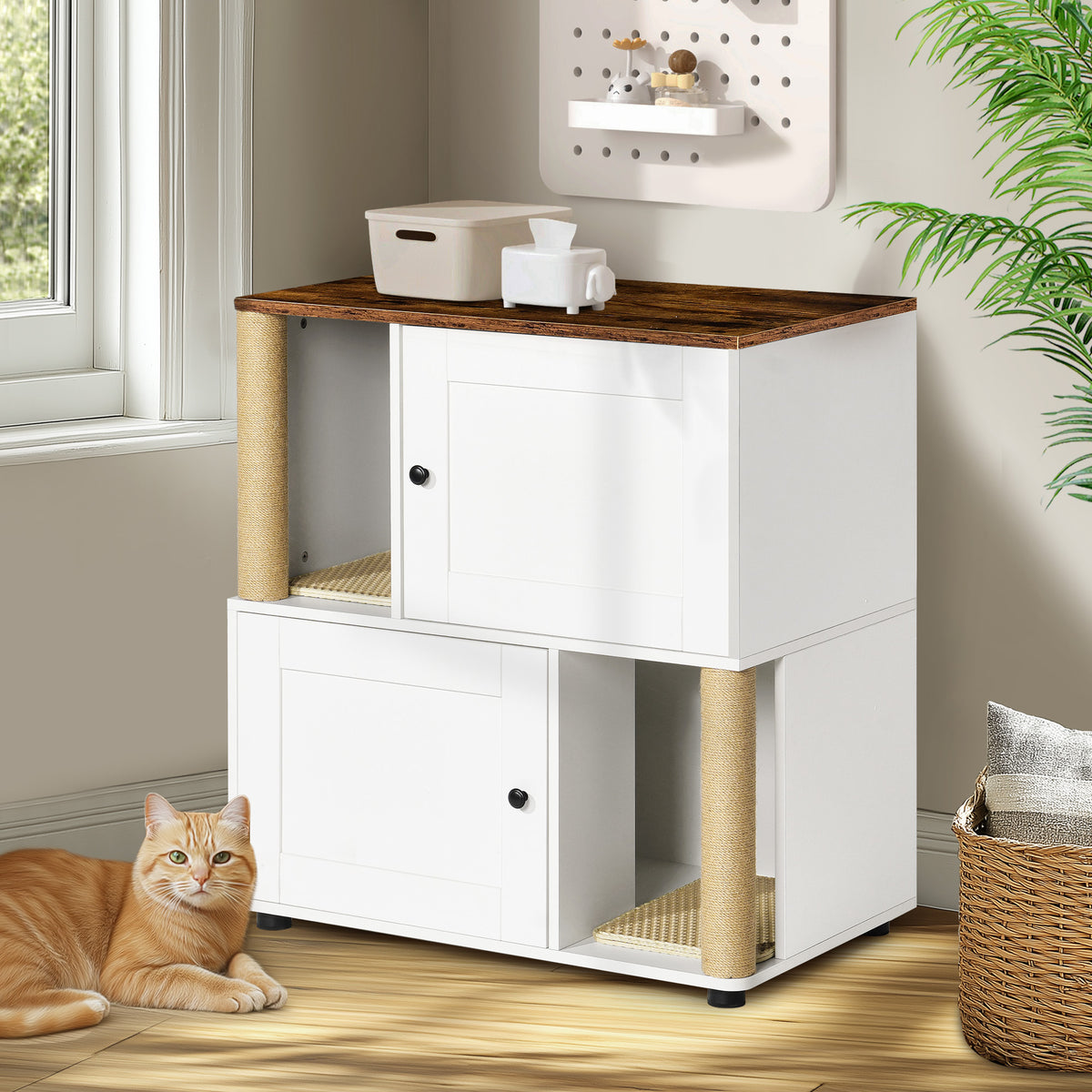 Double Cat Litter Box Enclosure with Shelf, Fits Most Litter Boxes