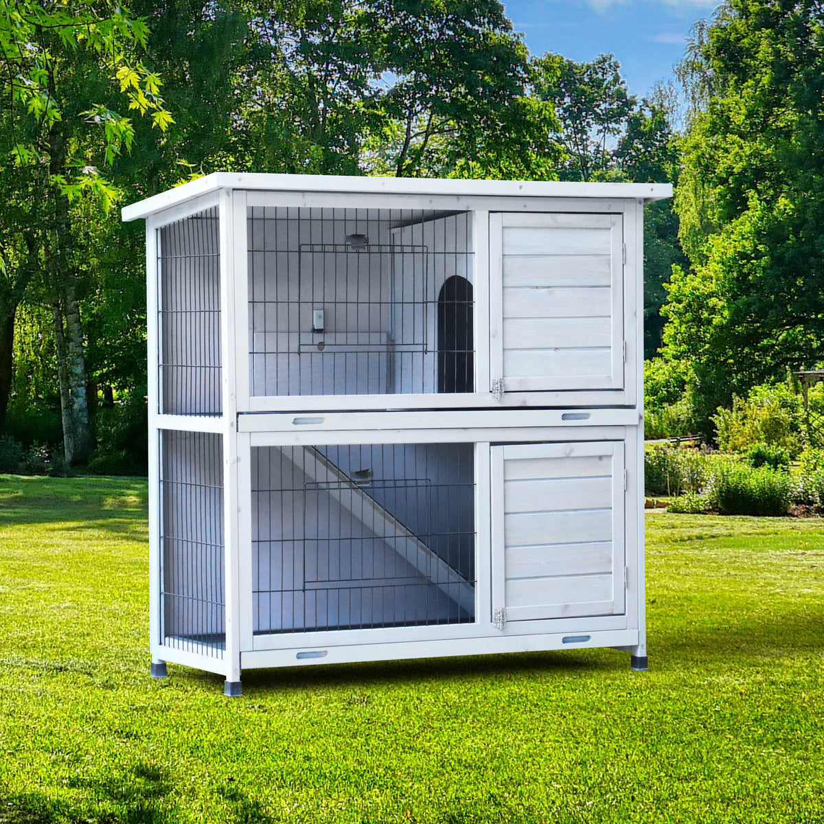 2-Story Rabbit Hutch with Run, 2 Removable No-Leak Trays & Non-Slip Ramp