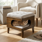Letitia Rubber Wood Cat Bed Ottoman, 2-in-1 Tufted Pet Ottoman with Cat Cave