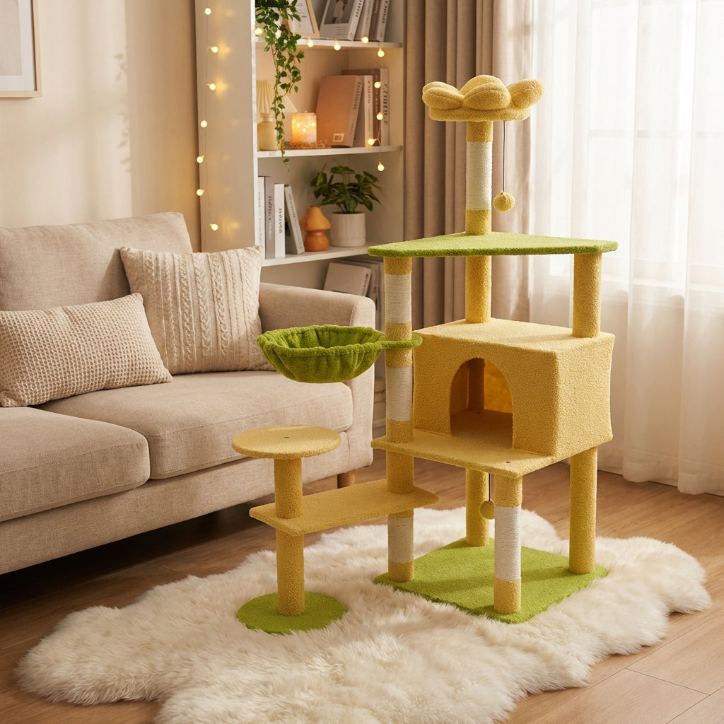 Flower Cat Tree with Large Condo, Removable Flower Cushion & Hammock