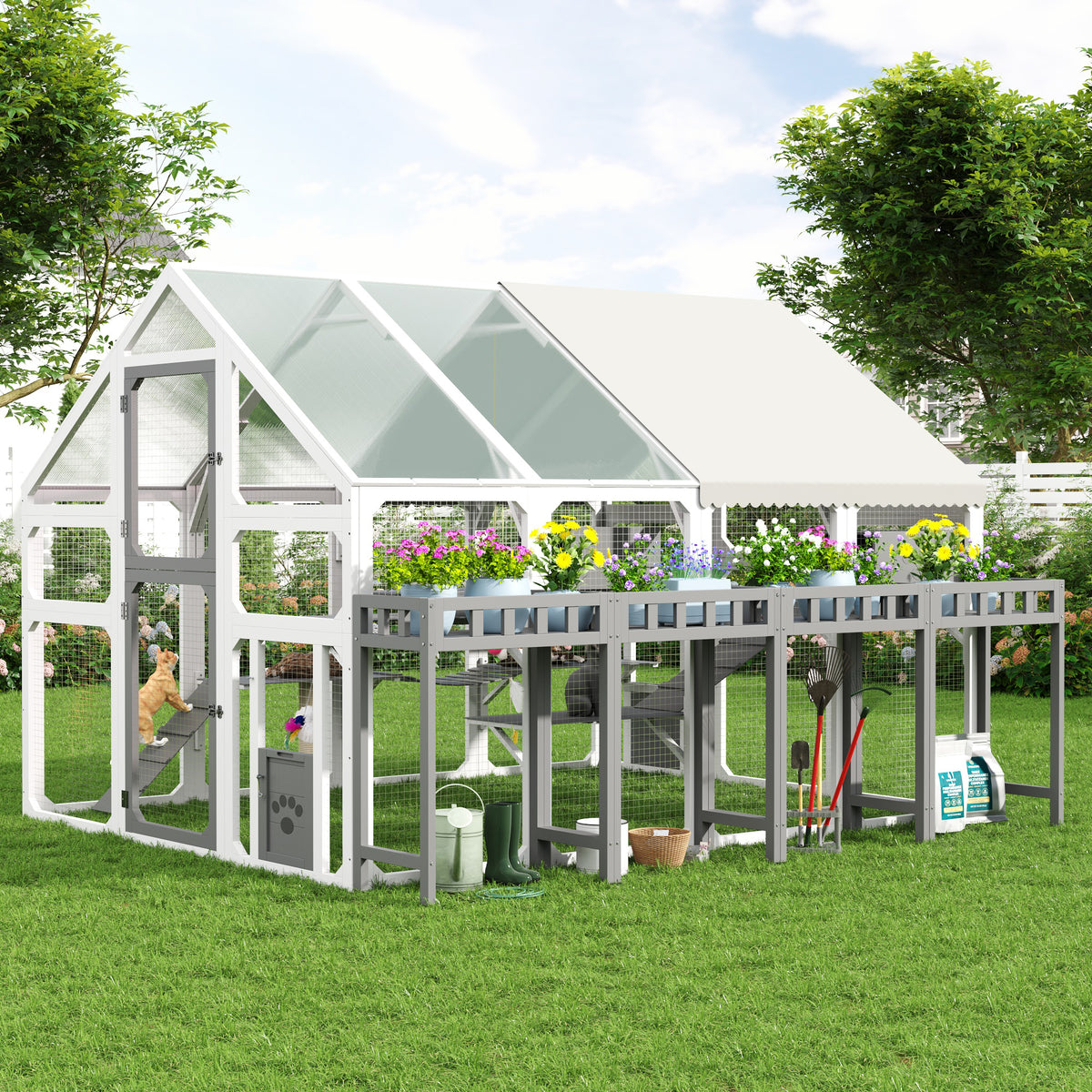 Large Outdoor Cat House with Planter Stand, Platforms & Waterproof Cover