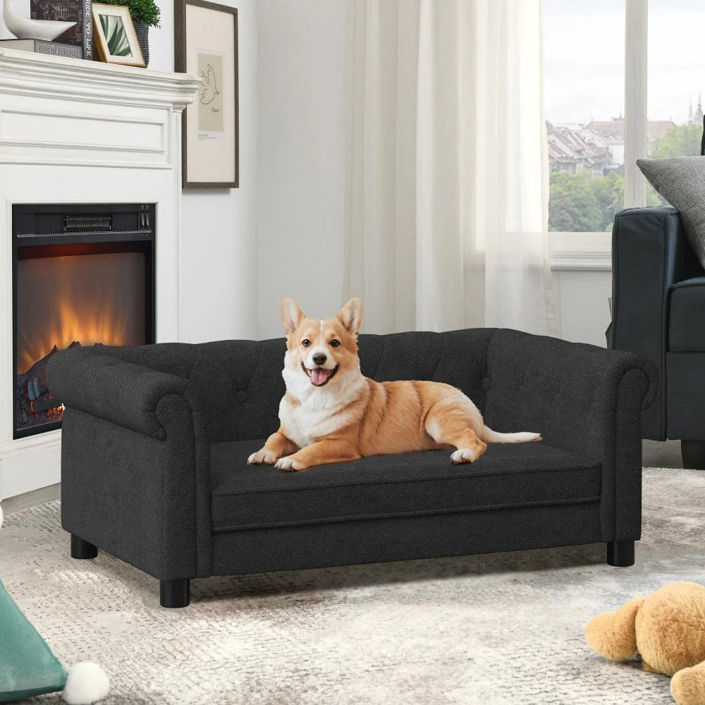 Modern Linen Fabric Elevated Dog Sofa, Elegant Rectangular Raised Pet Couch, Soft  Comfortable Durable Pet Bed for Small and Medium Dogs, Light Grey
