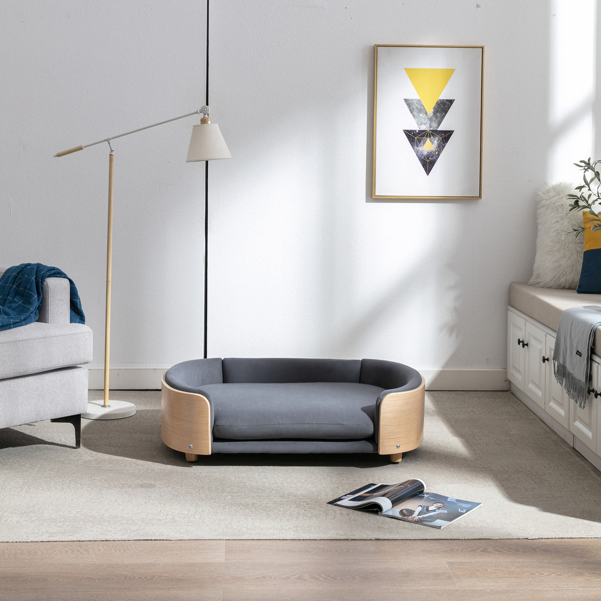 Scandinavian Elevated Dog Bed with Solid Wood Legs, Bent Wood Back & Velvet Cushion