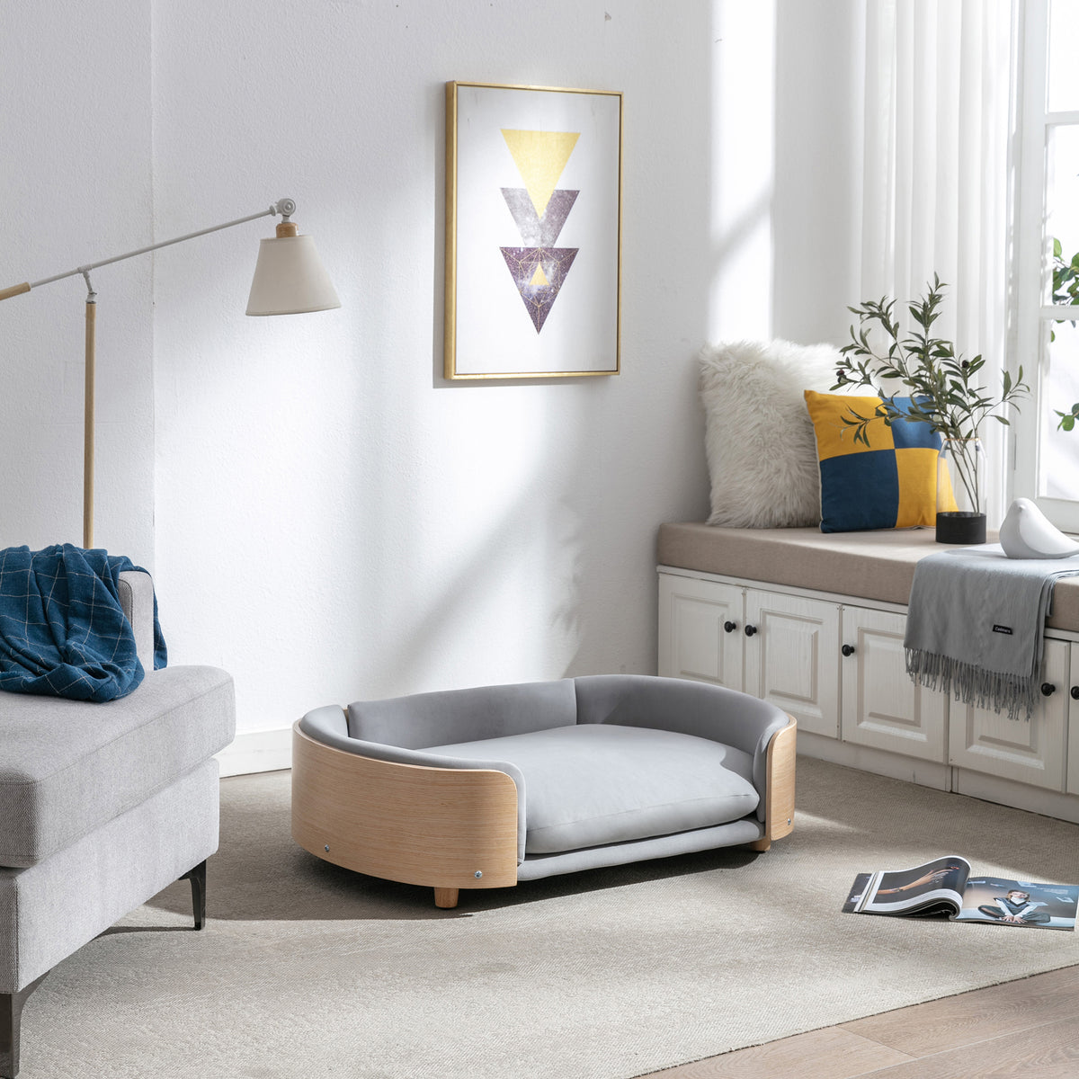 Scandinavian Elevated Dog Bed with Solid Wood Legs, Bent Wood Back & Velvet Cushion