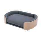 Scandinavian Elevated Dog Bed with Solid Wood Legs, Bent Wood Back & Velvet Cushion