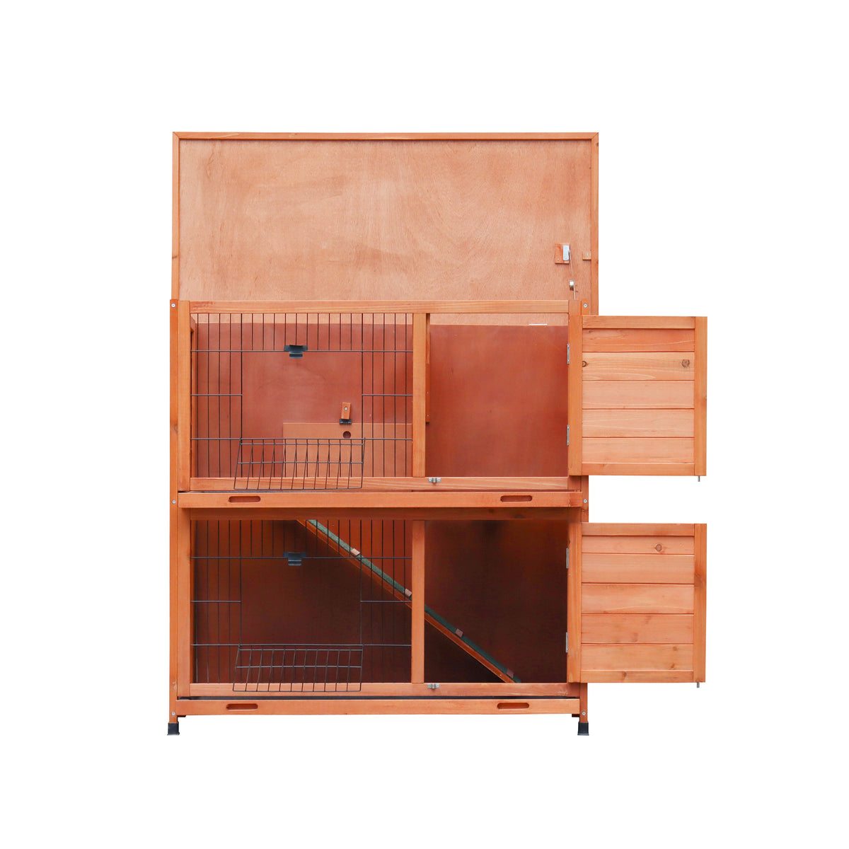 2-Story Rabbit Hutch with Run, 2 Removable No-Leak Trays & Non-Slip Ramp