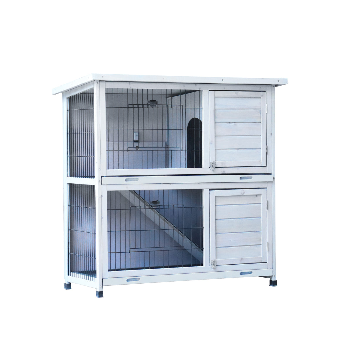2-Story Rabbit Hutch with Run, 2 Removable No-Leak Trays & Non-Slip Ramp