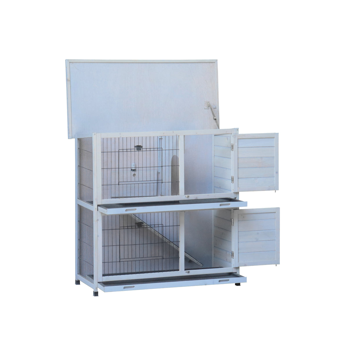 2-Story Rabbit Hutch with Run, 2 Removable No-Leak Trays & Non-Slip Ramp
