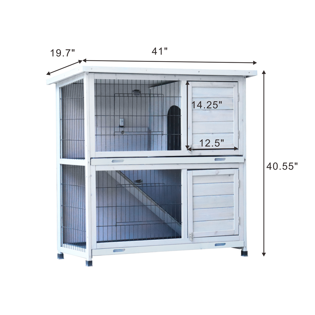 2-Story Rabbit Hutch with Run, 2 Removable No-Leak Trays & Non-Slip Ramp