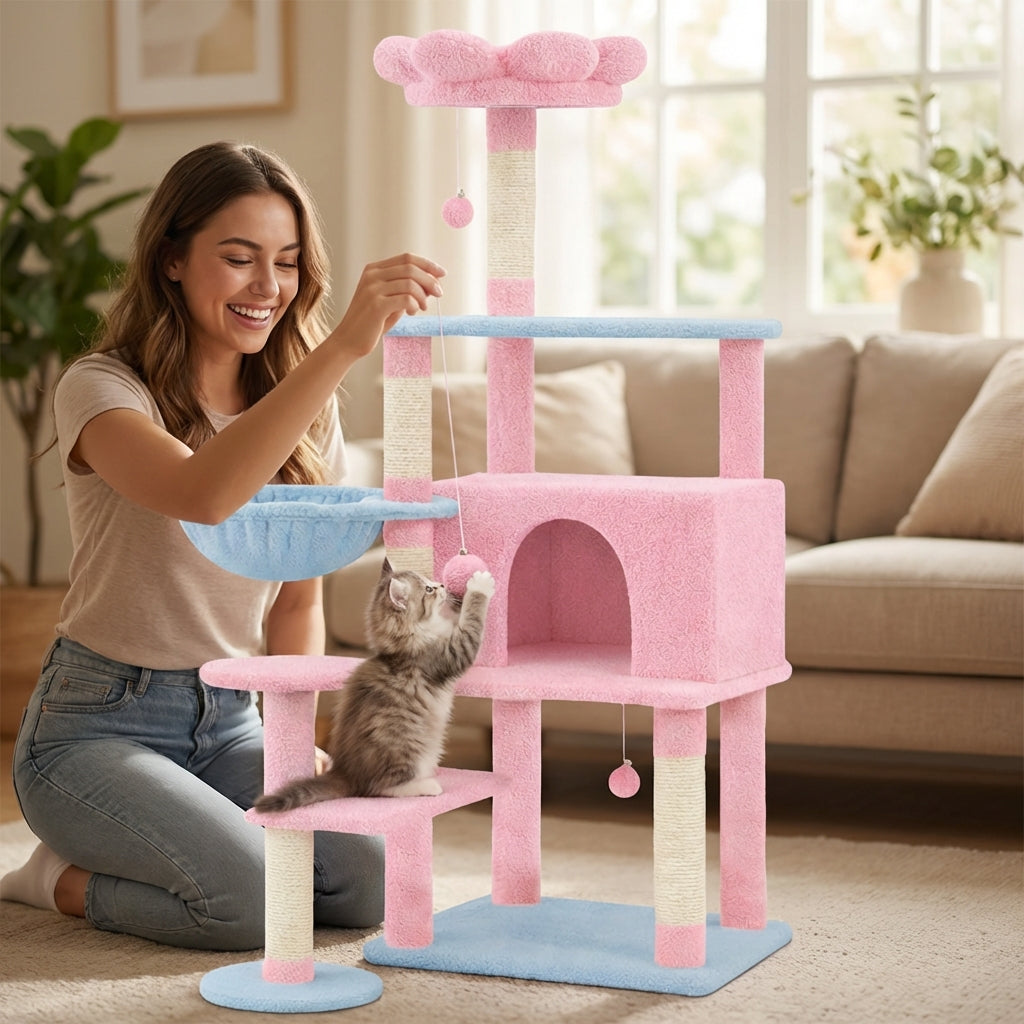 Flower Cat Tree with Large Condo, Removable Flower Cushion & Hammock