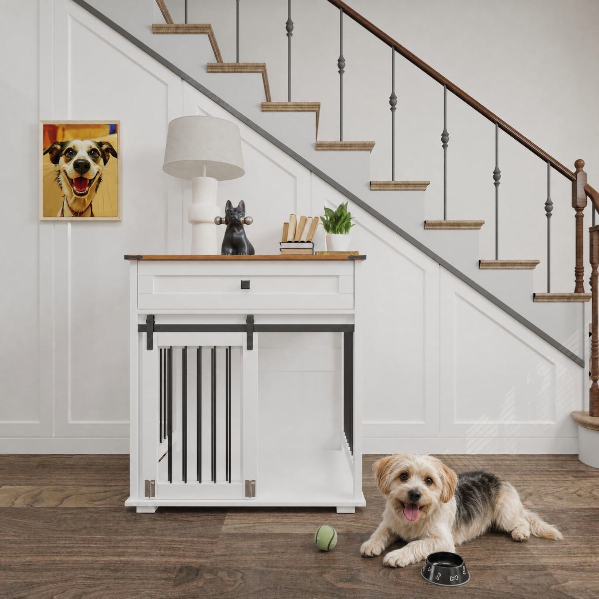 Wooden Dog Crate Furniture with Sliding Door & Storage
