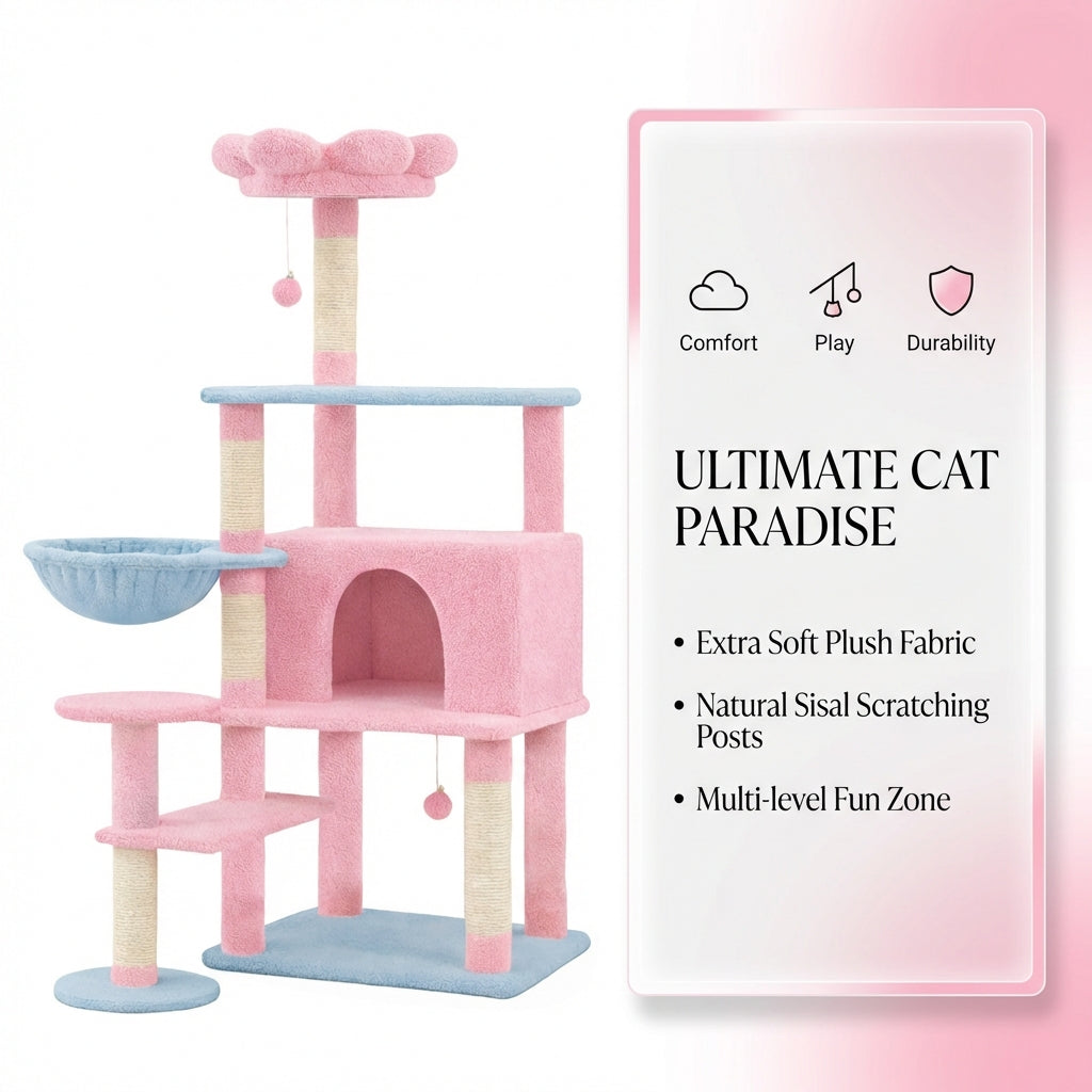Flower Cat Tree with Large Condo, Removable Flower Cushion & Hammock