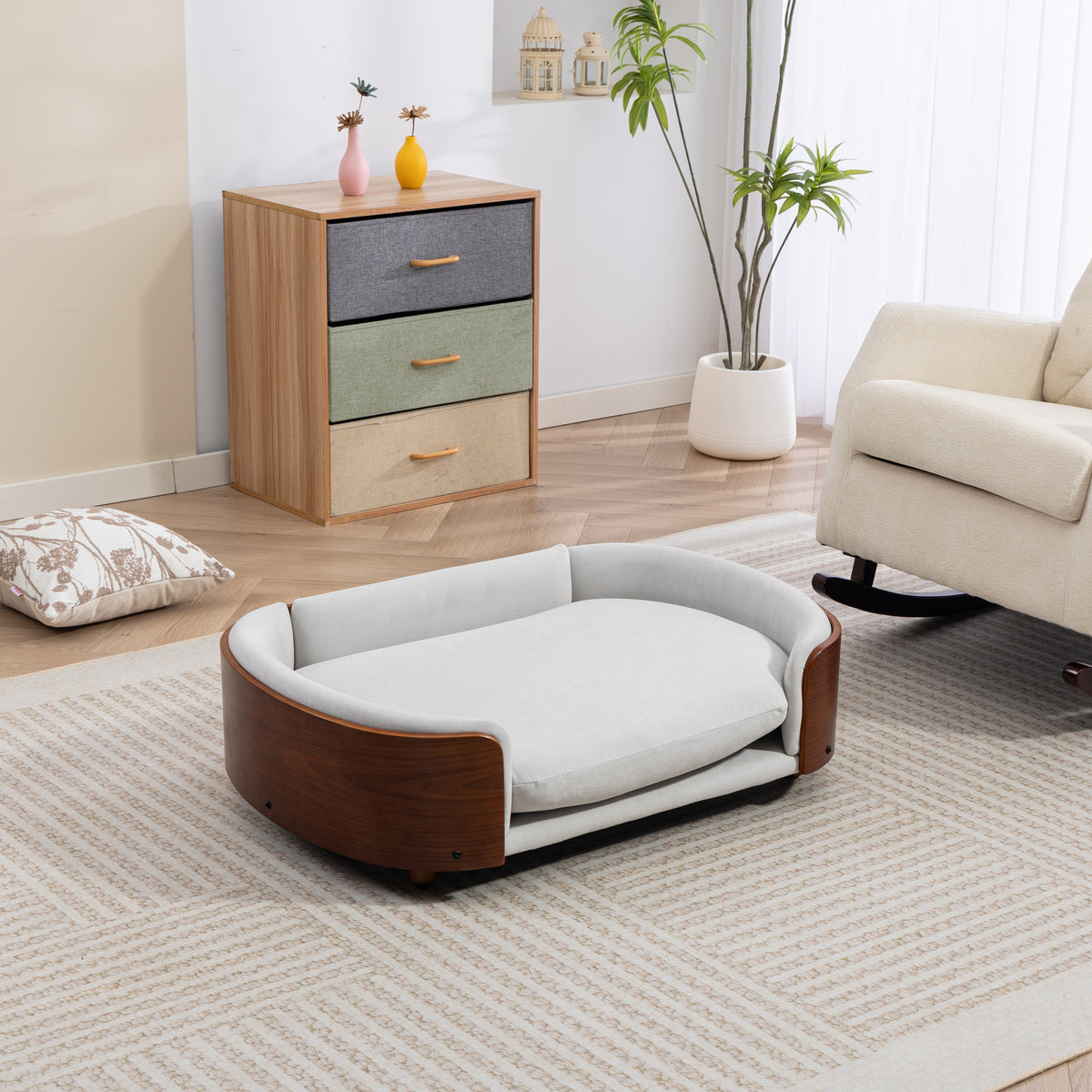 Scandinavian Elevated Dog Bed with Solid Wood Legs, Bent Wood Back & Velvet Cushion