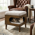 Letitia Rubber Wood Cat Bed Ottoman, 2-in-1 Tufted Pet Ottoman with Cat Cave