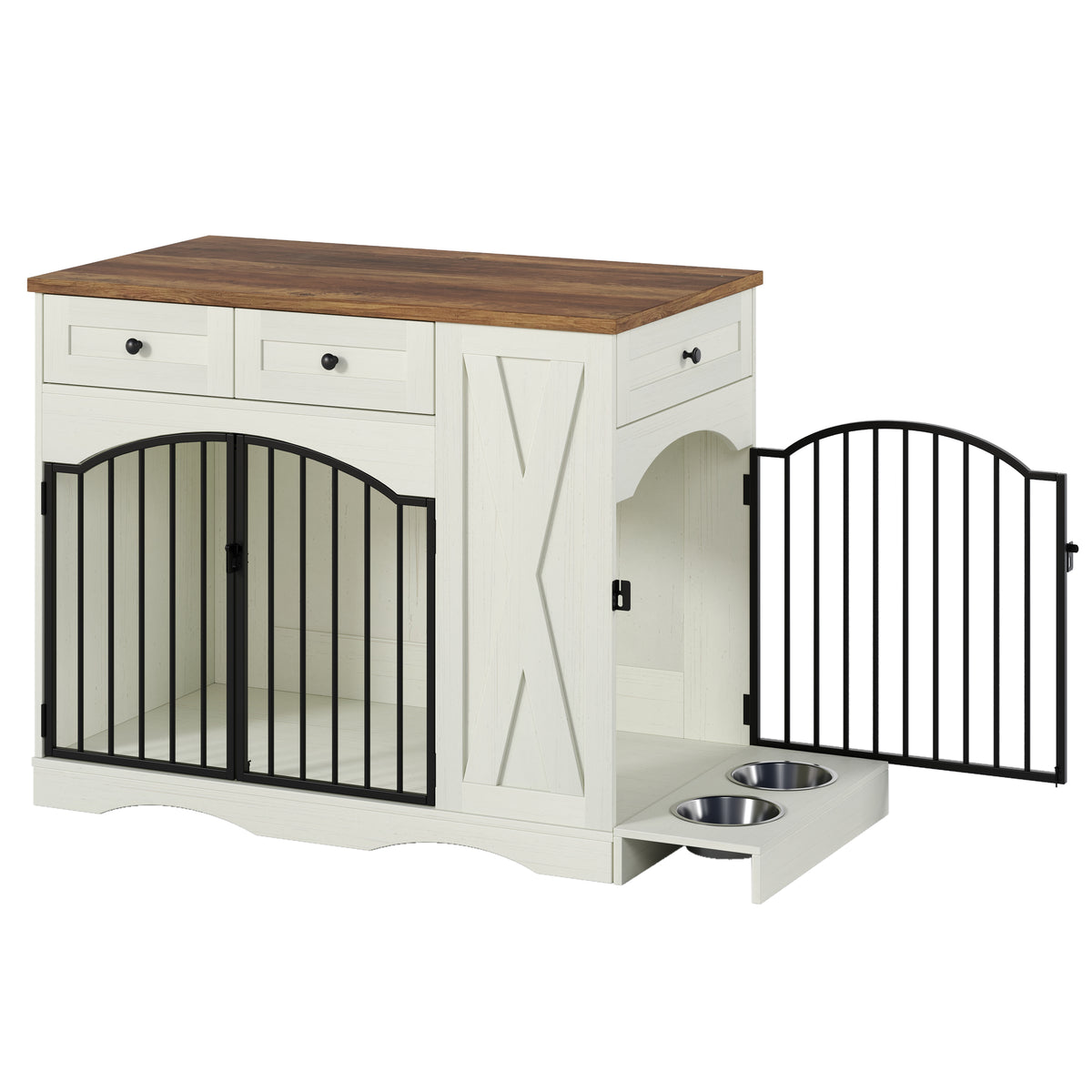43.3" Farmhouse Dog Crate Furniture with 3 Drawers & Removable Feeder