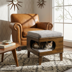 Letitia Rubber Wood Cat Bed Ottoman, 2-in-1 Tufted Pet Ottoman with Cat Cave