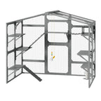 Cat 4-Tier Large Outdoor Wooden Catio, Weatherproof Window-Attached Cat Enclosure with  Multiple Platforms and Private Resting Condos for Multi Cats, Brown
