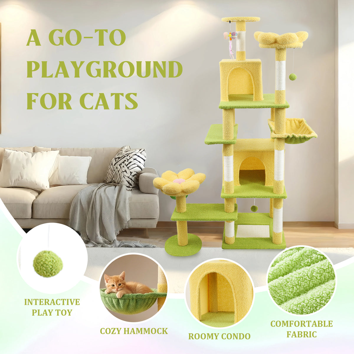 Flower Cat Tree with Large Condo, Removable Flower Cushion & Hammock
