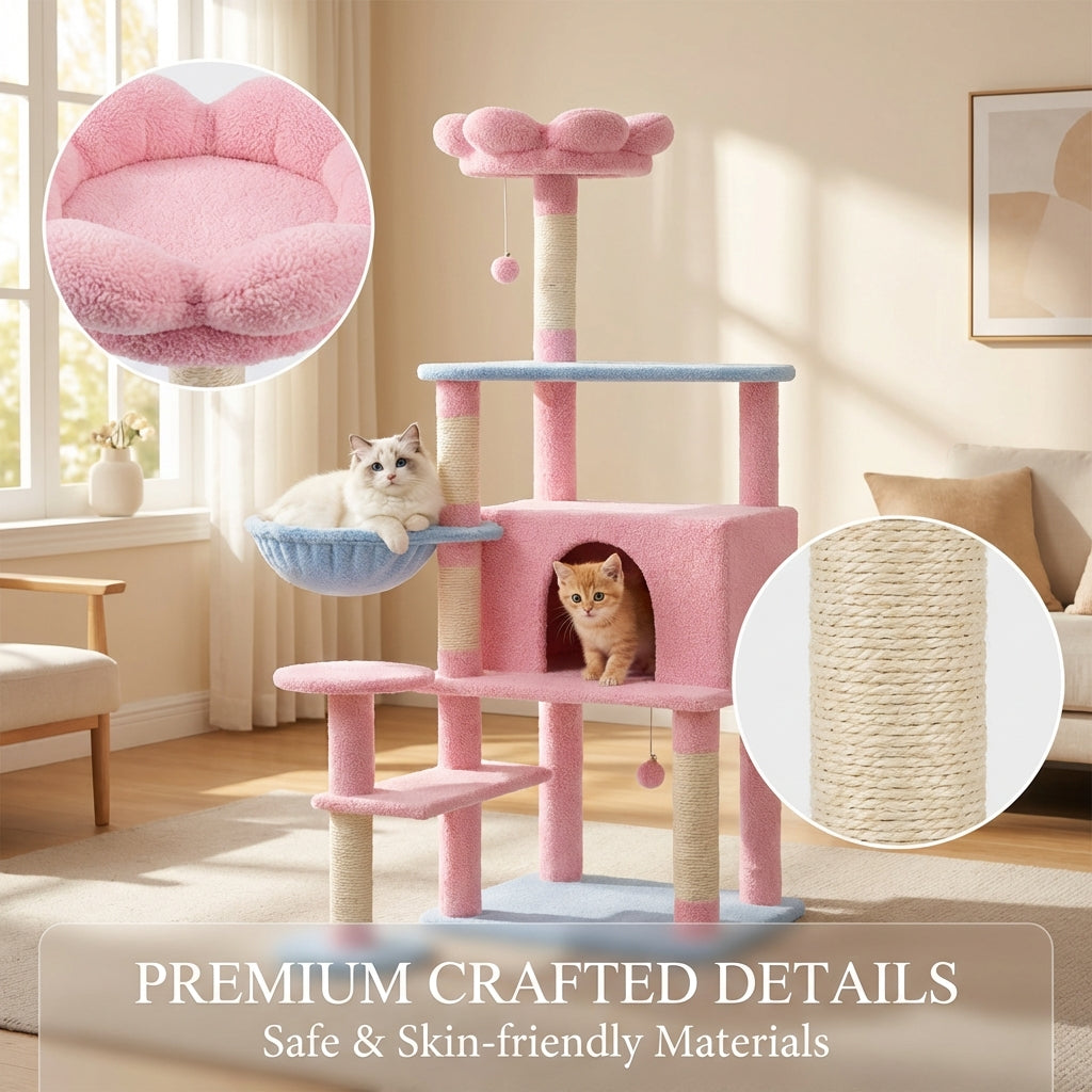 Flower Cat Tree with Large Condo, Removable Flower Cushion & Hammock