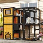 4-Tier Large Outdoor Wooden Catio, Weatherproof Window-Attached Cat Enclosure with  Multiple Platforms and Private Resting Condos for Multi Cats, Brown