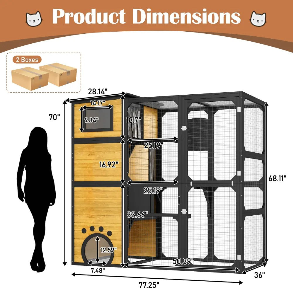 4-Tier Large Outdoor Wooden Catio, Weatherproof Window-Attached Cat Enclosure with  Multiple Platforms and Private Resting Condos for Multi Cats, Brown