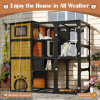 4-Tier Large Outdoor Wooden Catio, Weatherproof Window-Attached Cat Enclosure with  Multiple Platforms and Private Resting Condos for Multi Cats, Brown