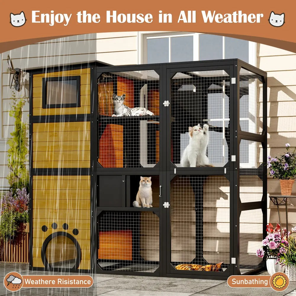4-Tier Large Outdoor Wooden Catio, Weatherproof Window-Attached Cat Enclosure with  Multiple Platforms and Private Resting Condos for Multi Cats, Brown