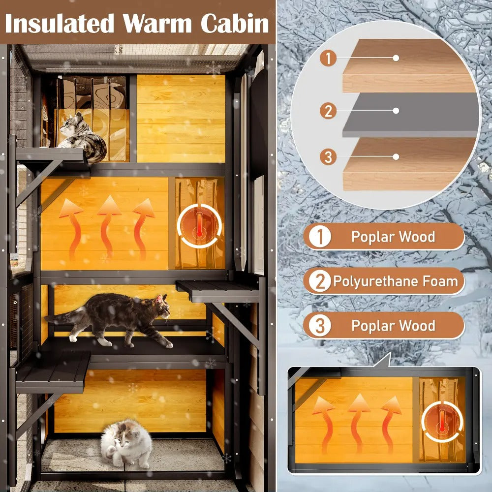 4-Tier Large Outdoor Wooden Catio, Weatherproof Window-Attached Cat Enclosure with  Multiple Platforms and Private Resting Condos for Multi Cats, Brown