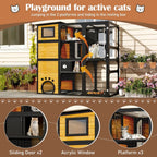 4-Tier Large Outdoor Wooden Catio, Weatherproof Window-Attached Cat Enclosure with  Multiple Platforms and Private Resting Condos for Multi Cats, Brown