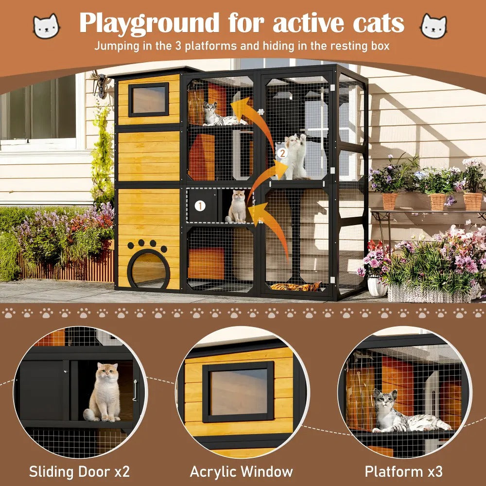 4-Tier Large Outdoor Wooden Catio, Weatherproof Window-Attached Cat Enclosure with  Multiple Platforms and Private Resting Condos for Multi Cats, Brown