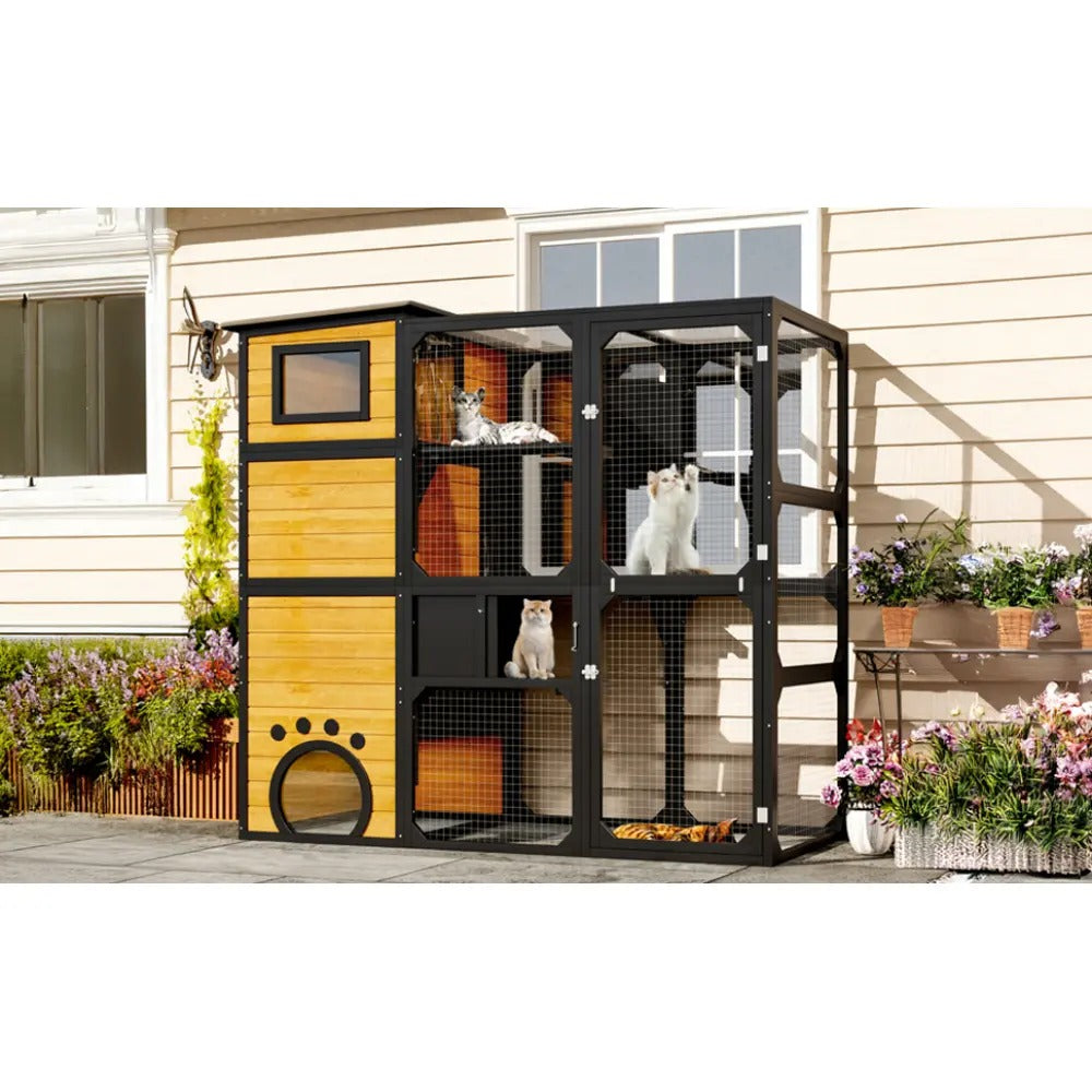 4-Tier Large Outdoor Wooden Catio, Weatherproof Window-Attached Cat Enclosure with  Multiple Platforms and Private Resting Condos for Multi Cats, Brown