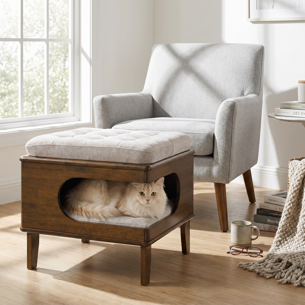 Letitia Rubber Wood Cat Bed Ottoman, 2-in-1 Tufted Pet Ottoman with Cat Cave