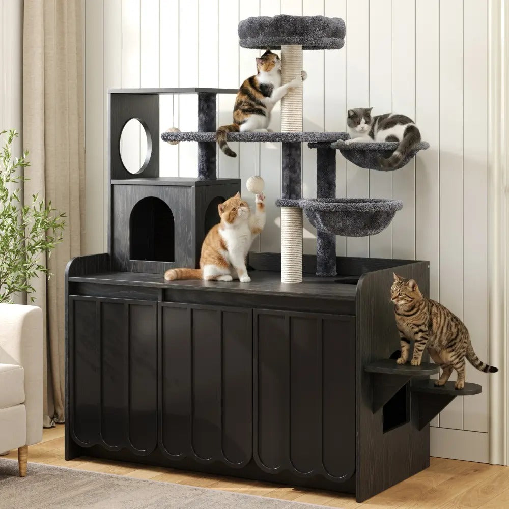 50.6 Inch All-in-One Cat Tree with Hidden Litter Box Enclosure, Modern Cat Tower with  Sisal Scratching Post and Storage Cabinet, Cat Condo with Private House, Hammock and Top Perch,  Black