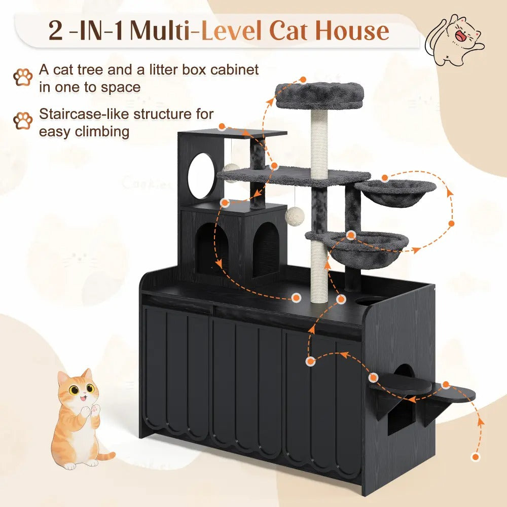50.6 Inch All-in-One Cat Tree with Hidden Litter Box Enclosure, Modern Cat Tower with  Sisal Scratching Post and Storage Cabinet, Cat Condo with Private House, Hammock and Top Perch,  Black