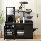 50.6 Inch All-in-One Cat Tree with Hidden Litter Box Enclosure, Modern Cat Tower with  Sisal Scratching Post and Storage Cabinet, Cat Condo with Private House, Hammock and Top Perch,  Black
