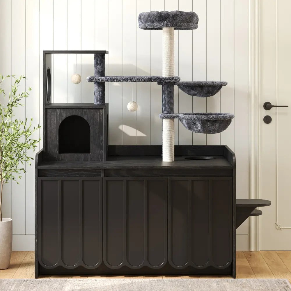 50.6 Inch All-in-One Cat Tree with Hidden Litter Box Enclosure, Modern Cat Tower with  Sisal Scratching Post and Storage Cabinet, Cat Condo with Private House, Hammock and Top Perch,  Black
