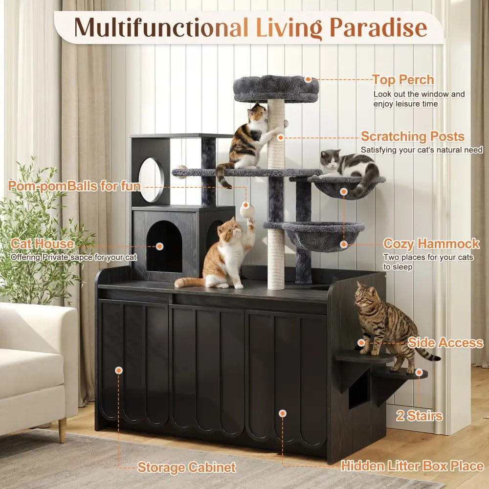 50.6 Inch All-in-One Cat Tree with Hidden Litter Box Enclosure, Modern Cat Tower with  Sisal Scratching Post and Storage Cabinet, Cat Condo with Private House, Hammock and Top Perch,  Black